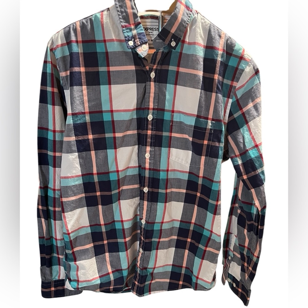 Express Men Plaid Button Up Long Sleeve Shirt Blue Pink White Soft Size‎ Medium